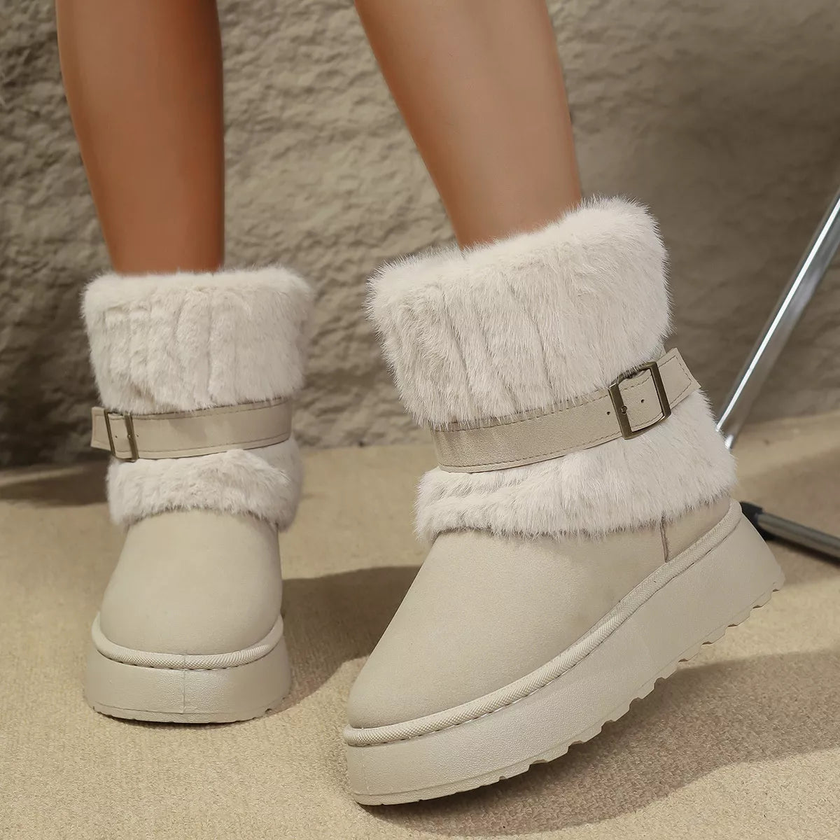 Round Toe Platform Boots Beige