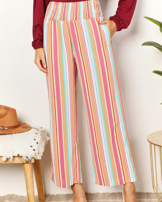Double Take Striped Smocked Waist Pants with Pockets
