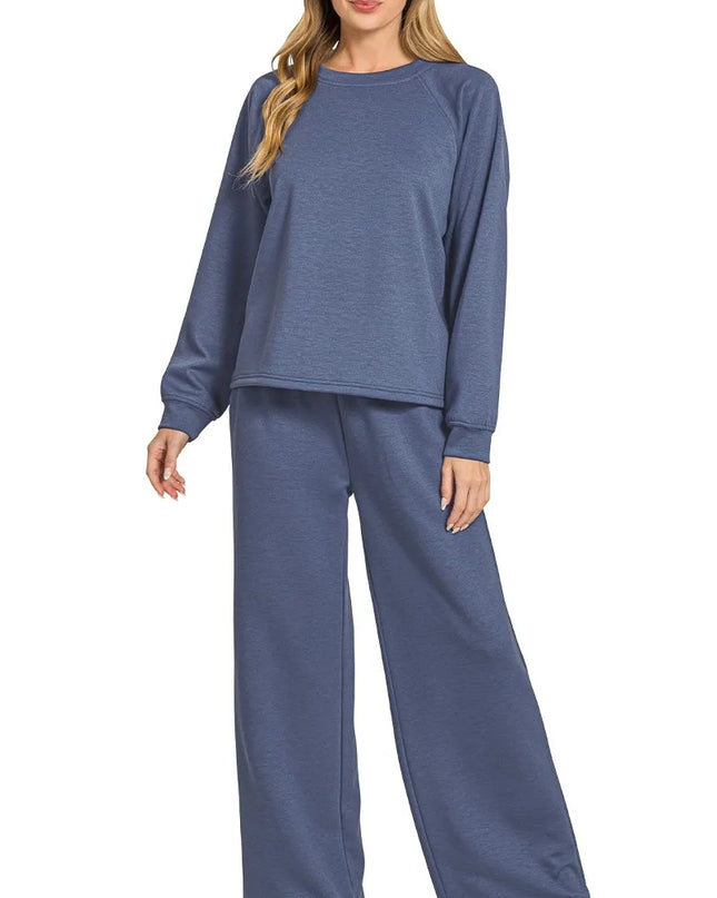 Zenana Scuba Crewneck Sweatshirt and Pants Set BLUE INDIGO