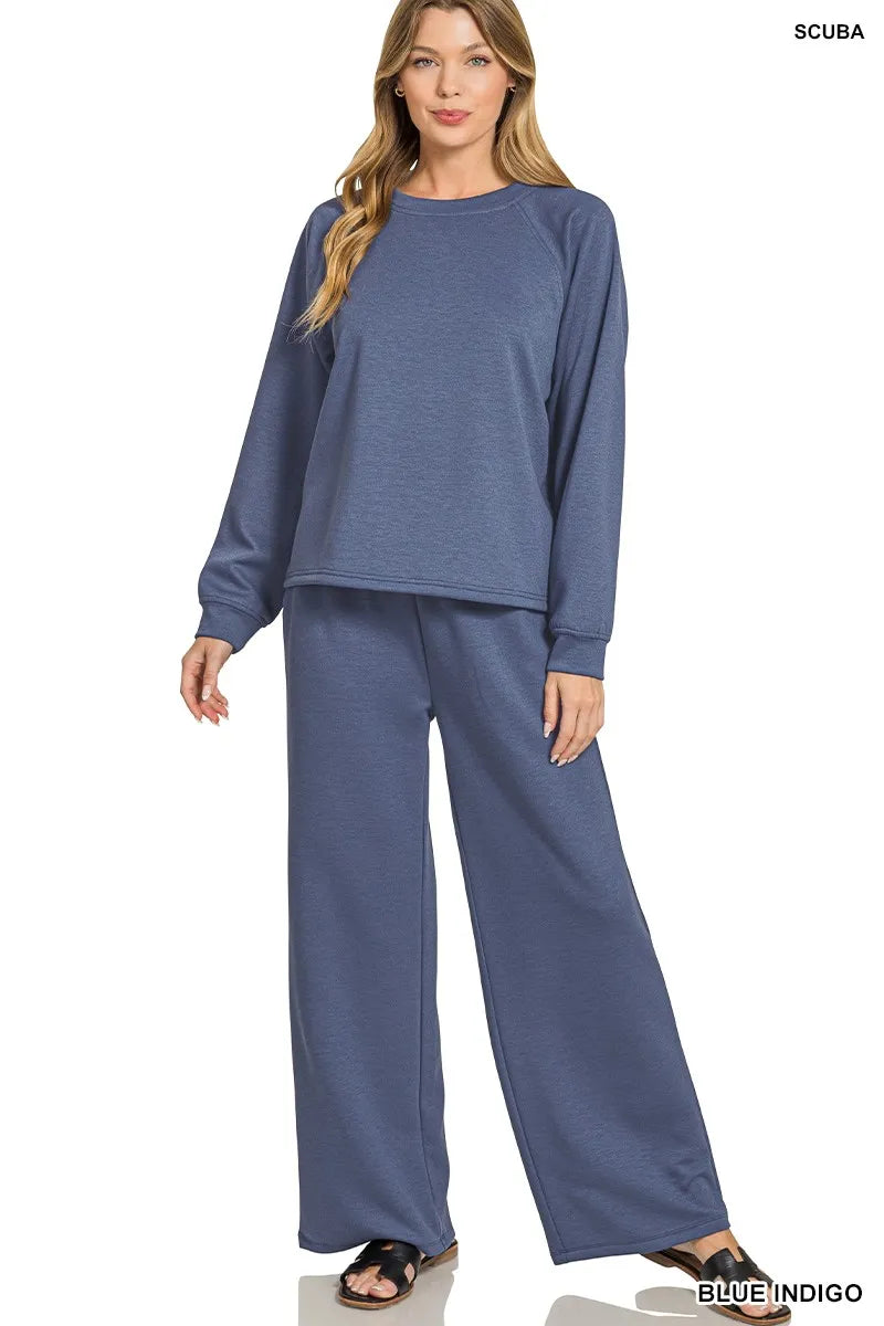 Zenana Scuba Crewneck Sweatshirt and Pants Set BLUE INDIGO