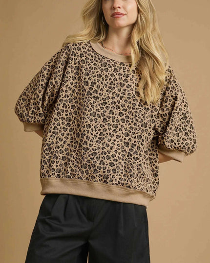 Umgee Leopard Knit Jacquard Puff Sleeve Sweatshirt STONE