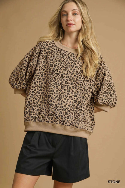 Umgee Leopard Knit Jacquard Puff Sleeve Sweatshirt STONE