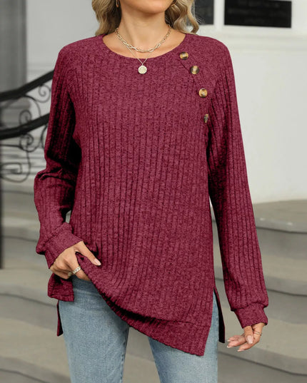 Ribbed Round Neck Long Sleeve T-Shirt Wine Red