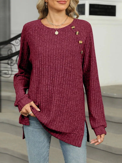 Ribbed Round Neck Long Sleeve T-Shirt Wine Red