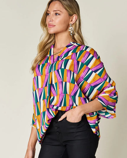 Double Take Full Size Geometric Notched Dolman Sleeve Top