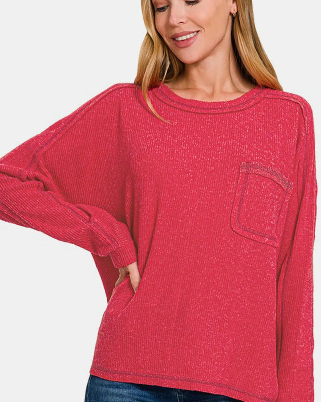 Zenana Full Size Contrast Stitching Brushed Ribbed Hacci Knit Top Red