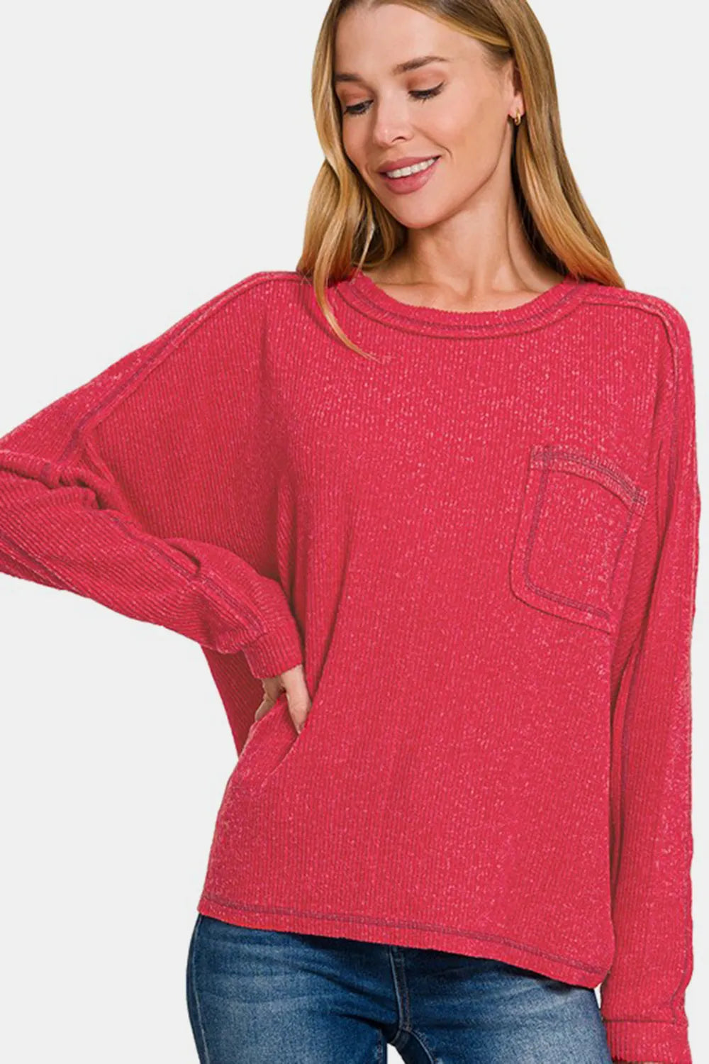 Zenana Full Size Contrast Stitching Brushed Ribbed Hacci Knit Top Red