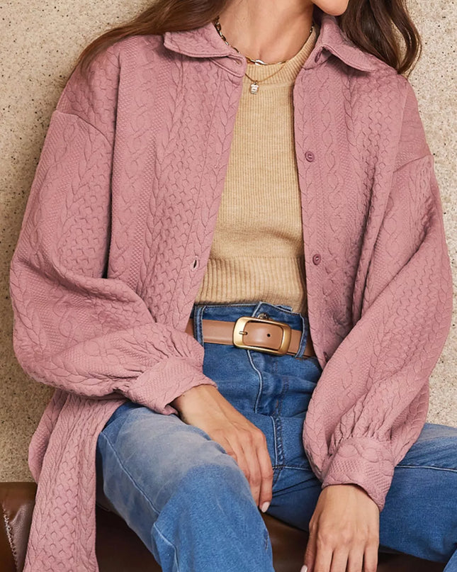Cable Texture Puff Sleeve Loose Shacket