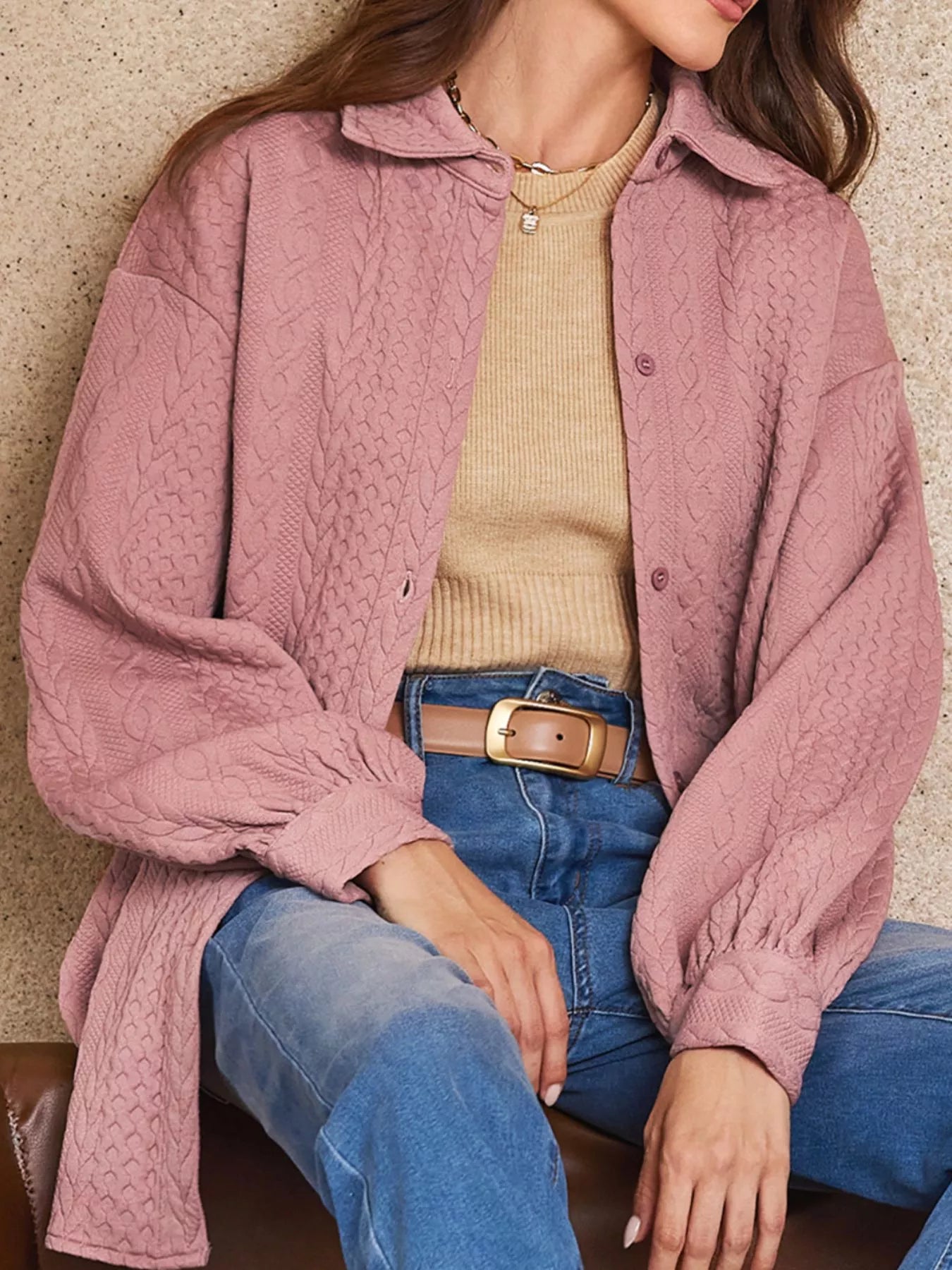 Cable Texture Puff Sleeve Loose Shacket