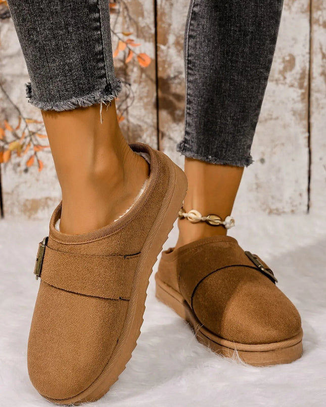Cozy Buckle Suede Winter Slippers Camel