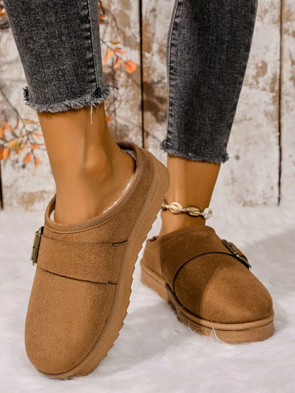 Cozy Buckle Suede Winter Slippers Camel