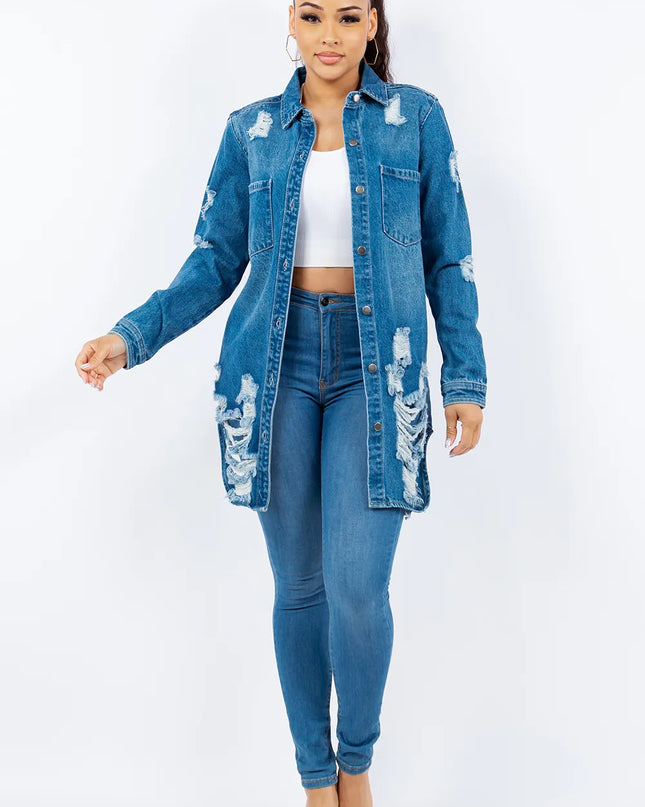 American Bazi Distressed Button Up Long Sleeve Denim Jacket