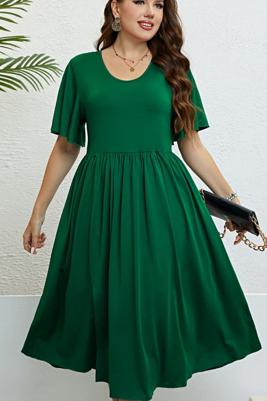 Honey Flutter Sleeve Round Neck Dress Forest