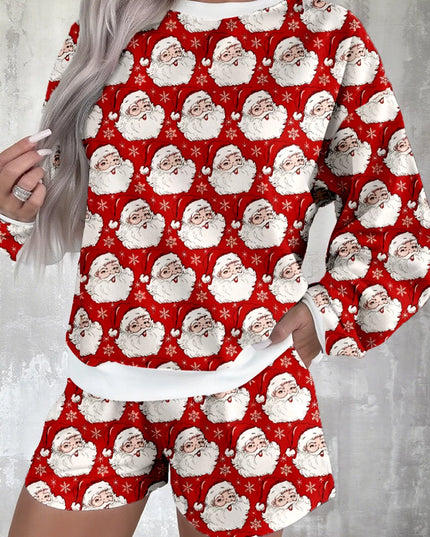 Christmas Santa Print Round Neck Top and Shorts Lounge Set