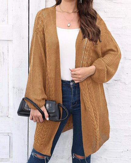 Open Front Long Sleeve Cardigan Brown One Size
