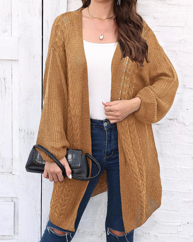 Open Front Long Sleeve Cardigan Brown One Size