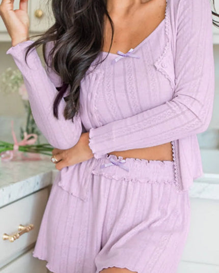 Button Down Cardigan, Cami and Shorts Set Pink Purple