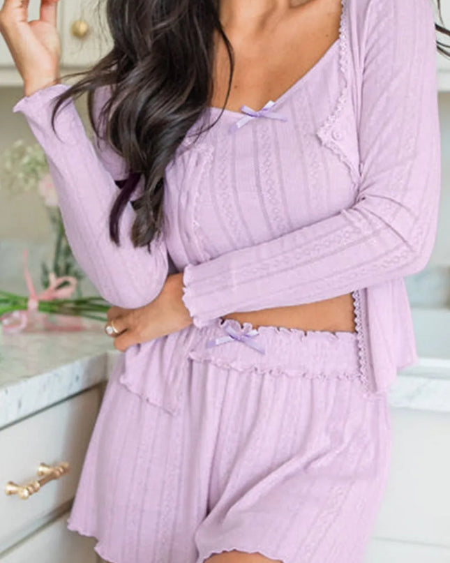 Button Down Cardigan, Cami and Shorts Set Pink Purple