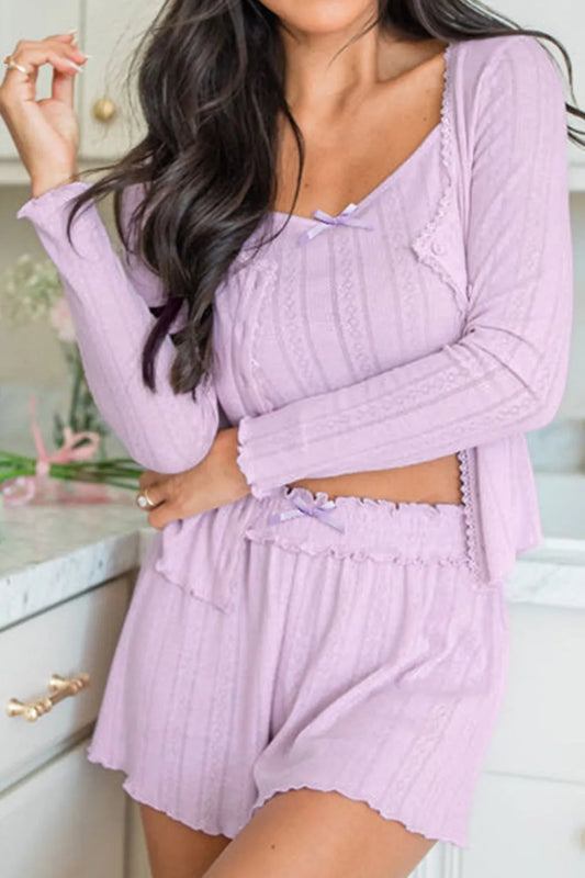 Button Down Cardigan, Cami and Shorts Set Pink Purple