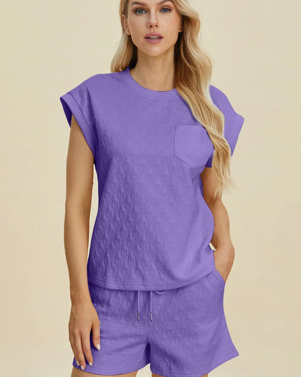 Double Take Full Size Pocketed Texture Round Neck Top and Shorts Set Lavender