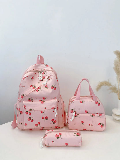 3-Piece Strawberry Print Canvas Bag Set 