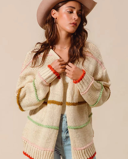 SO ME Loose Fit Multi Stripe Open Front Cardigan OATMEAL