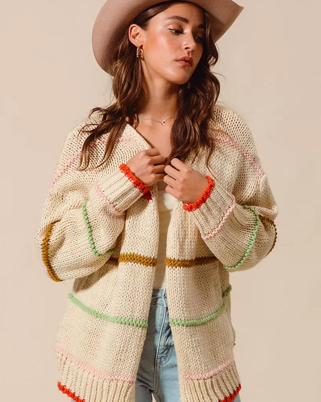 SO ME Loose Fit Multi Stripe Open Front Cardigan OATMEAL