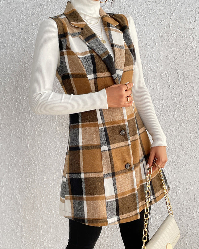 Honey Plaid Lapel Collar Vest