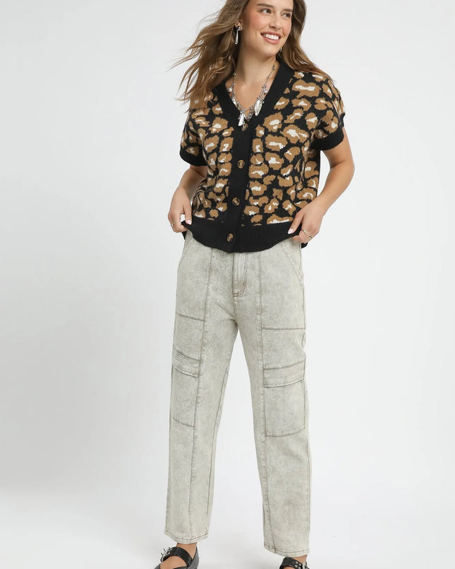 Umgee Leopard Button Down Short Sleeve Cardigan