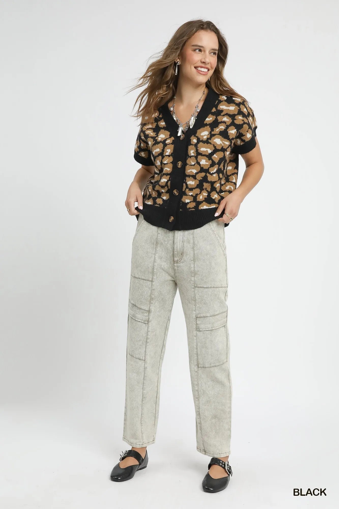 Umgee Leopard Button Down Short Sleeve Cardigan
