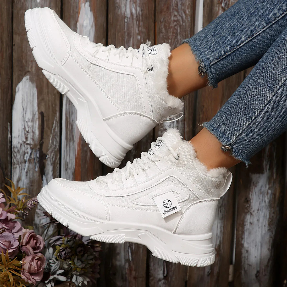 High-Top Platform Chunky Sneaker Boots with Lace-Up White