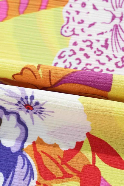 Cheetah Plant Print Shirred Button V Neck Maxi Dress