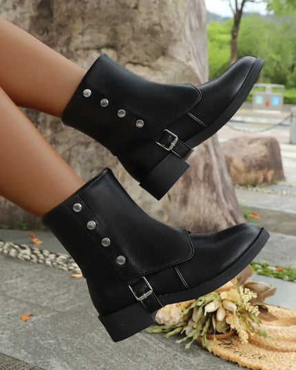 Buckle Block Heels Boots Black