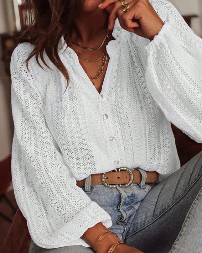 Crochet Notched Button-Front Shirt White