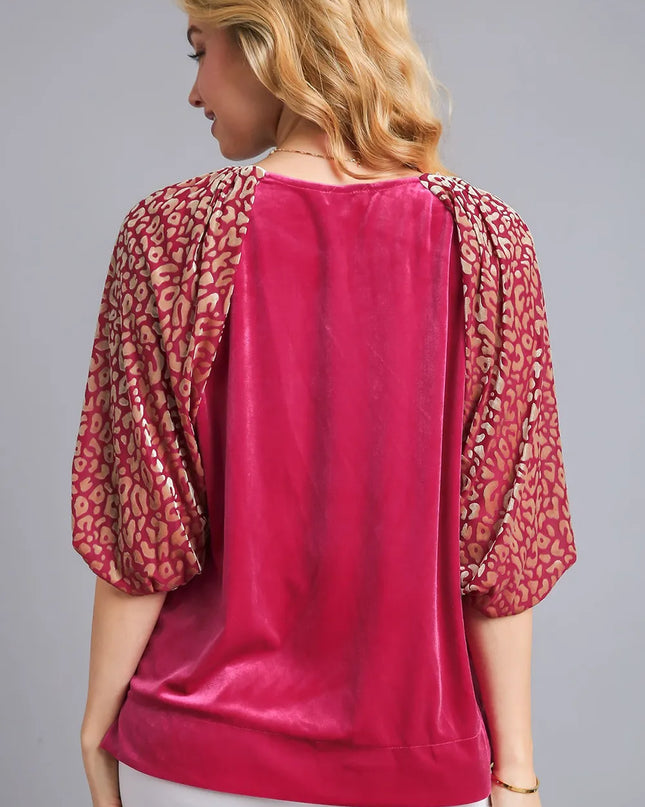 Umgee Round Neck Leopard Balloon Sleeve Velvet Top