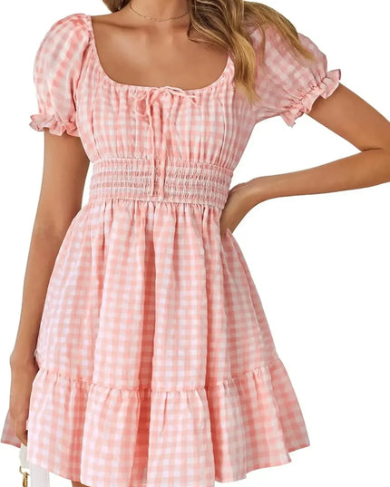 Gingham Smocked Puff Sleeve Summer Dress Pink