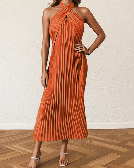 Pleated Halter Neck Midi Dress