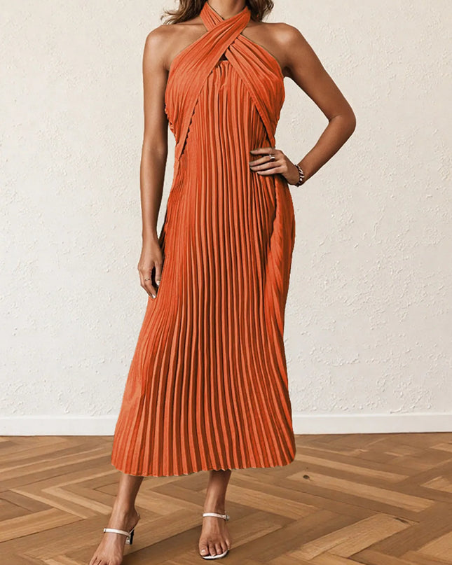 Pleated Halter Neck Midi Dress