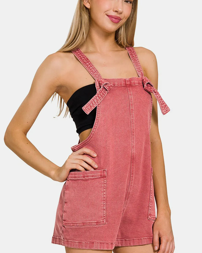 Zenana Washed Knot Strap Rompers CABERNET