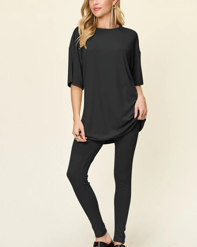 Double Take Full Size Round Neck Dropped Shoulder T-Shirt and Leggings Set Black
