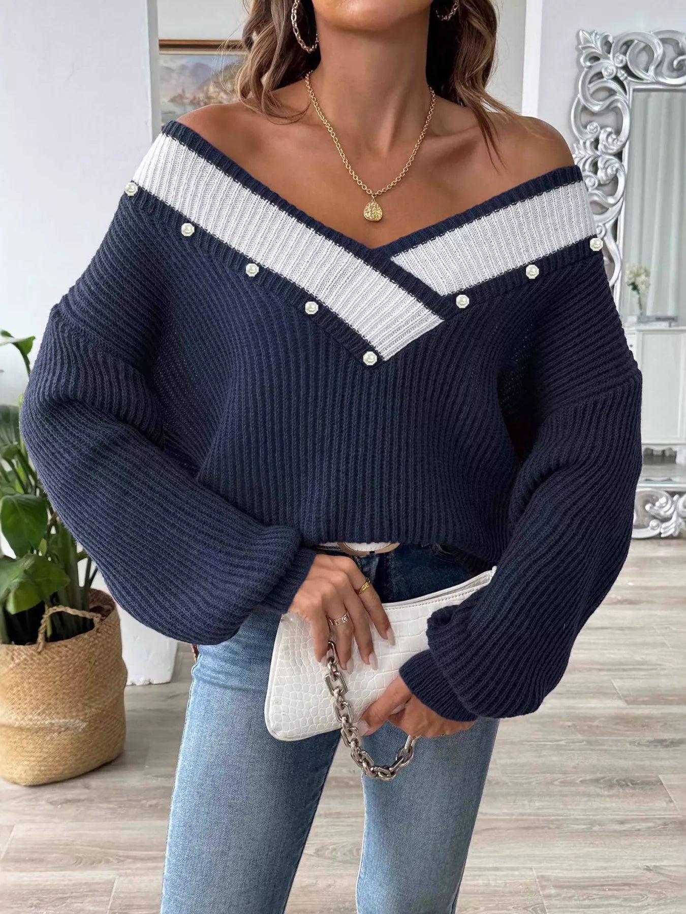 V-Neck Button-Decorated Sweater Navy