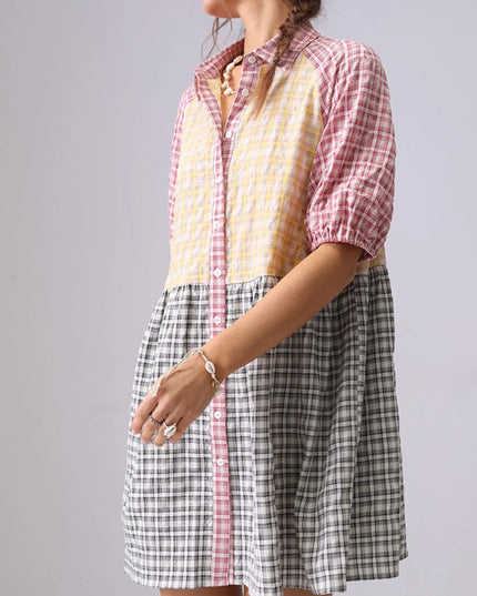 Colorful Mixed Gingham Shirt Dress