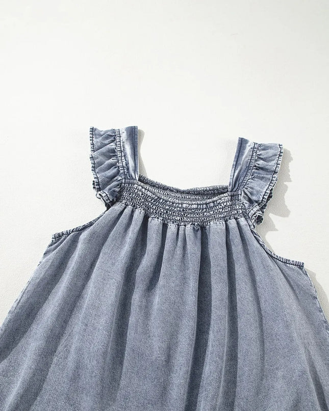 Ruffled Shirred Denim Top