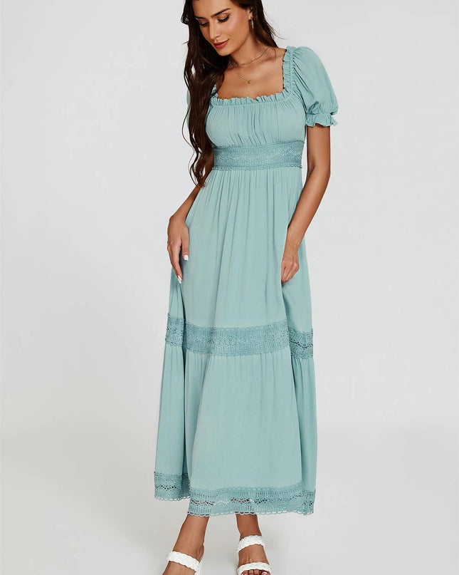 Lace Detail Bardot Maxi Dress in Blue