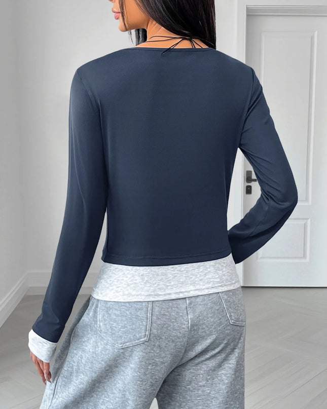 Long Sleeve Button Front Fitted T-Shirt