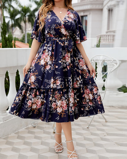 Honey Plus Size Floral Surplice Neck Midi Dress