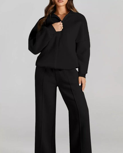 Drop Shoulder Zip Up Jacket and Drawstring Pants Active 2pcs Set