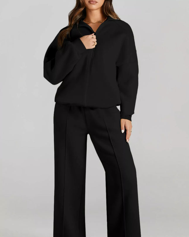 Drop Shoulder Zip Up Jacket and Drawstring Pants Active 2pcs Set