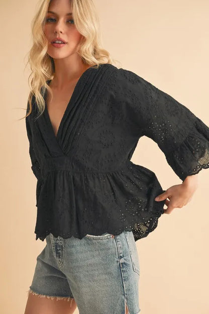 Aemi+Co Flounce Sleeve Eyelet Peplum Top
