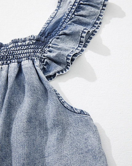 Ruffled Shirred Denim Top